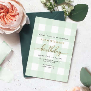 Mint Green Gingham Birthday Gold Foil Uitnodiging