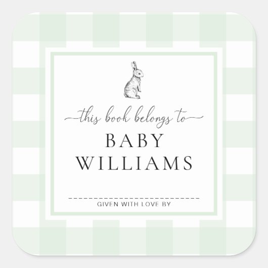 Mint Green Gingham Bunny Bookplate Sticker (Voorkant)
