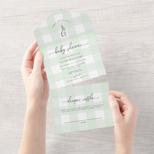 Mint Green Gingham Bunny Rabbit Baby shower All In One Uitnodiging (Afscheurbaar)