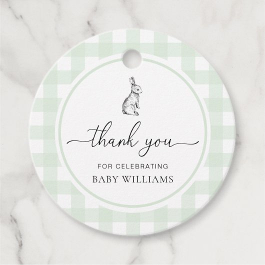 Mint Green Gingham Bunny Rabbit Baby shower Bedankjes Labels (Voorkant)