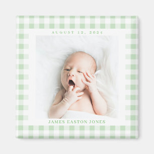 Mint Green Gingham Check Baby Birthdate Magnet Magneet