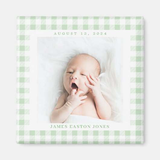 Mint Green Gingham Check Baby Birthdate Magnet Magneet (Voorkant)