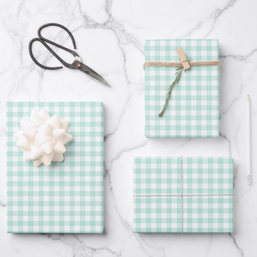 Mint Green Gingham Check Patroon Inpakpapier Vel (Voorkant)