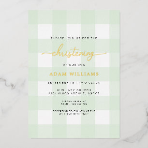 Mint Green Gingham Christening Folie Uitnodiging