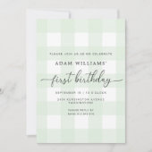 Mint Green Gingham First Birthday Invitation Kaart (Voorkant)