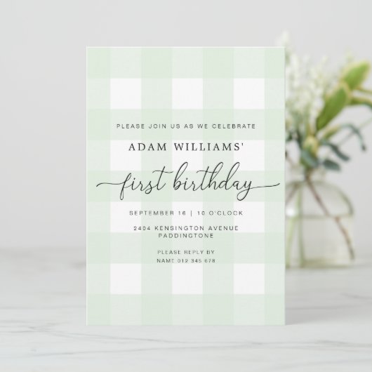 Mint Green Gingham First Birthday Invitation Kaart (Staand voorkant)