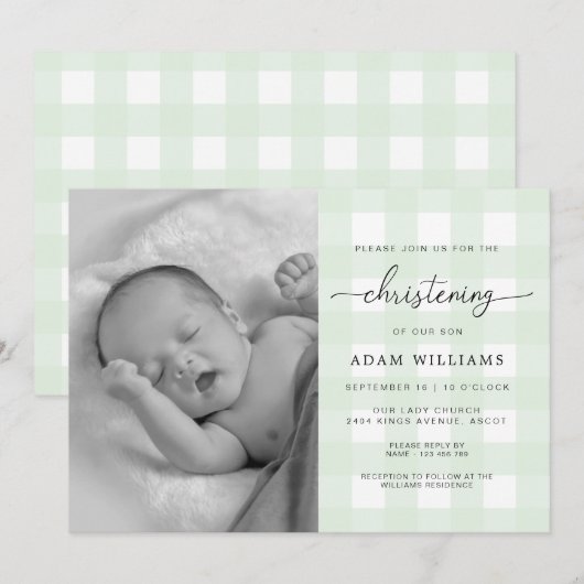 Mint Green Gingham Foto Christening Uitnodiging (Voorkant / Achterkant)