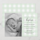 Mint Green Gingham Photo Baptism Invitation Kaart (Voorkant / Achterkant)