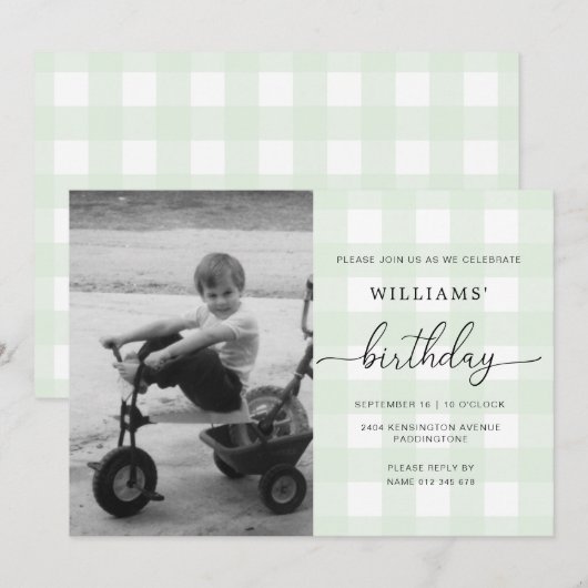 Mint Green Gingham Photo Birthday Invitation Kaart (Voorkant / Achterkant)