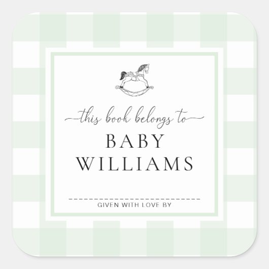 Mint Green Gingham Rocking Horse Bookplate Sticker (Voorkant)
