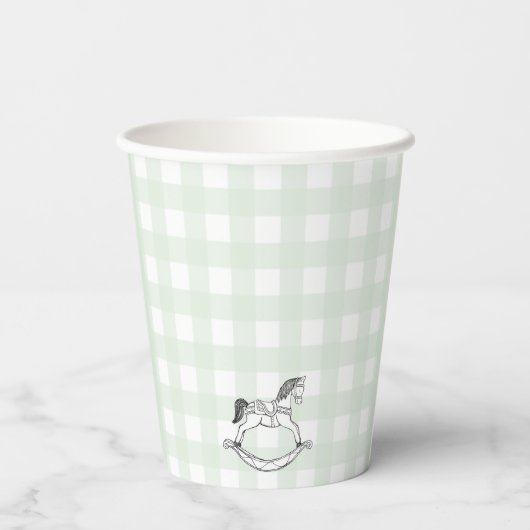Mint Green Gingham Rocking Horse Paper cup Papieren Bekers (Achterkant)