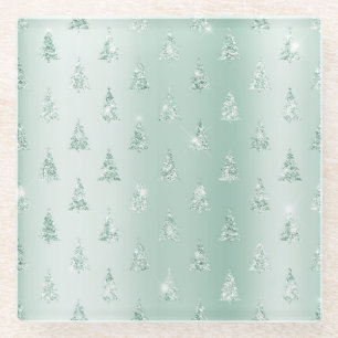 Mint Green Glitter Sparkle Kerstbomen Glazen Onderzetter