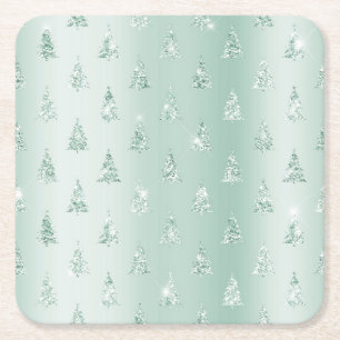 Mint Green Glitter Sparkle Kerstbomen Vierkante Kartonnen Onderzetter