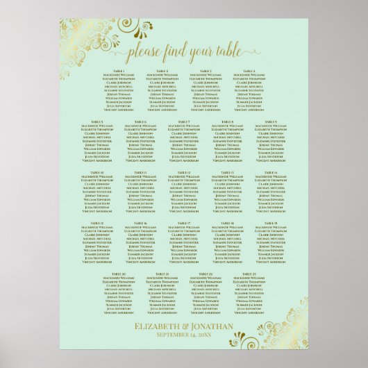 Mint Green & Gold 23 Table Wedding Seating Chart Poster (Voorkant)