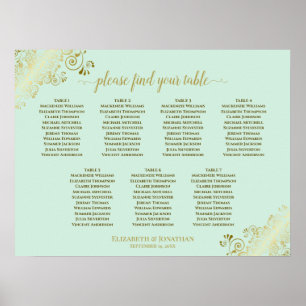 Mint Green & Gold 7 Table Wedding Seating Chart Poster