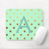 Mint Green & Gold Folie Polka Dots Monogram Naam Muismat (Met muis)