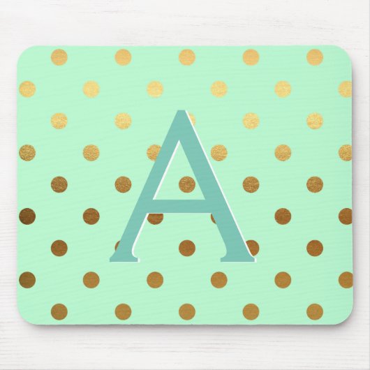 Mint Green & Gold Folie Polka Dots Monogram Naam Muismat (Voorkant)