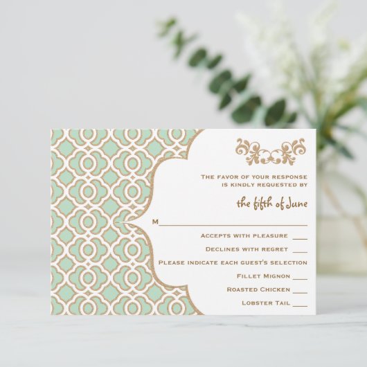 Mint Green Gold Moroccan Wedding Response-kaarten RSVP Kaartje (Staand voorkant)