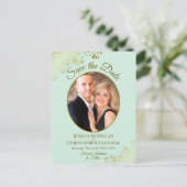 Mint Green & Gold Wedding Sla de datum op Oval Pho Aankondigingskaart (Staand voorkant)