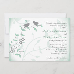 Mint Green Grey Birds Wedding Invitation Kaart