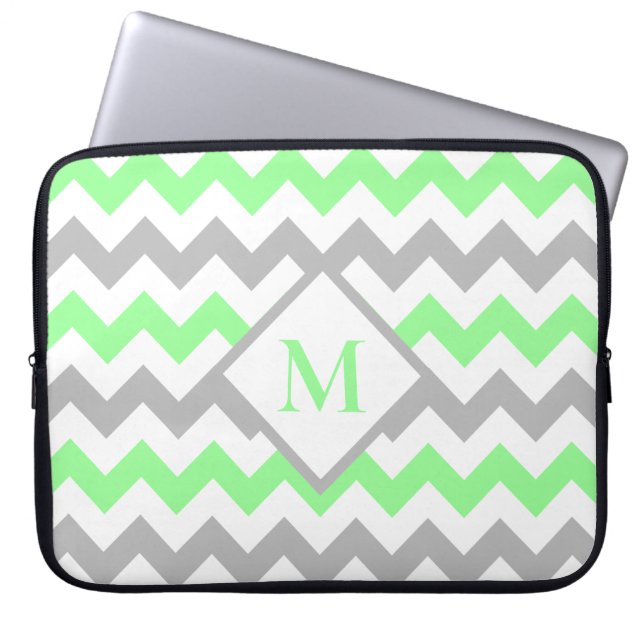 Mint Green Grey Chevron Pattern Monogram Laptop Sleeve (Voorkant)