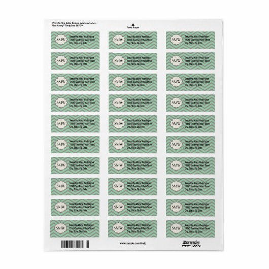 Mint Green Grey Chevron Patterned Monogrammed Etiket (Full Sheet)