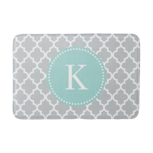 Mint Green Grey Custom Monogram Quatrefoil Patroon Badmat
