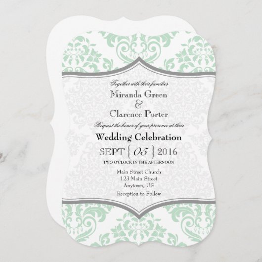 Mint Green Grey Damask Bracket Wedet Invitation (Devant / Derrière)