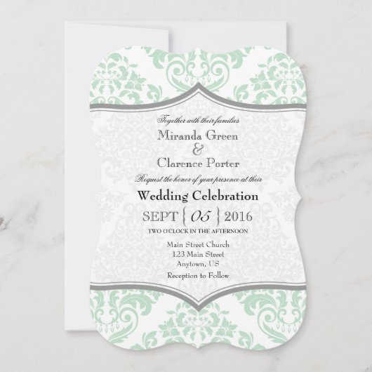Mint Green Grey Damask Bracket Wedet Invitation (Devant)