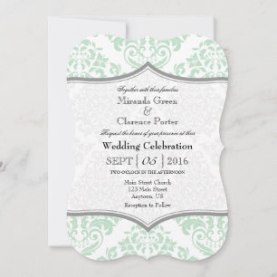 Mint Green Grey Damask Bracket Wedet Invitation