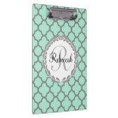Mint Green Grey Quatrefoil Name Monogramed Laurel Klembord (Rechts)