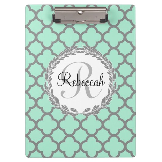 Mint Green Grey Quatrefoil Name Monogramed Laurel Klembord (Voorkant)