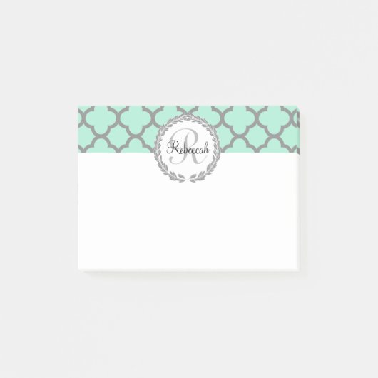 Mint Green Grey Quatrefoil Name Monogramed Laurel Post-it® Notes (Voorkant)