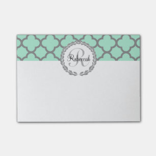 Mint Green Grey Quatrefoil Name Monogramed Laurel Post-it® Notes