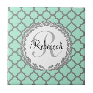 Mint Green Grey Quatrefoil Name Monogramed Laurel Tegeltje