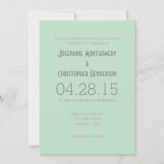 Mint Green Grey Simple Modern Wedding Invitation Kaart (Voorkant)