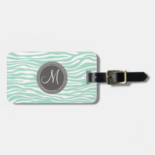 Mint Green & Grey Zebra Monogram Patroon Bagagelabel