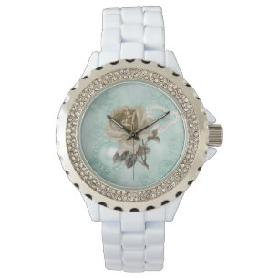Mint Green Ivory Rozen White Rhinestones Watch Horloge