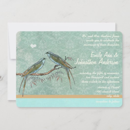 Mint Green Love Bird Damask Wedding Invite Kaart (Voorkant)