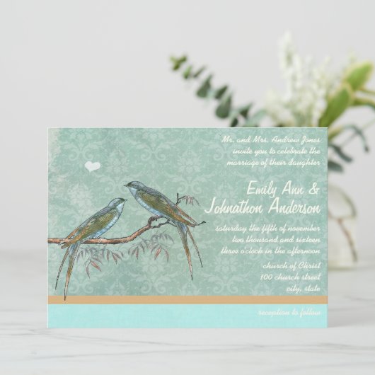  Mint Green Lovebird Damask Wedding Kaart (Staand voorkant)