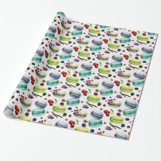 Mint Green Macaroons en red Berries Seamless Patte Cadeaupapier (Uitgerold)
