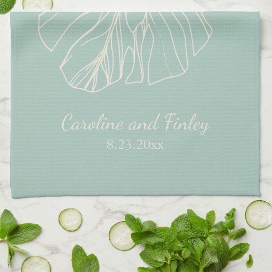 Mint Green Monstera Leaf Line Drawing Personalized Theedoek (Gevouwen)