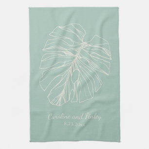 Mint Green Monstera Leaf Line Drawing Personalized Theedoek