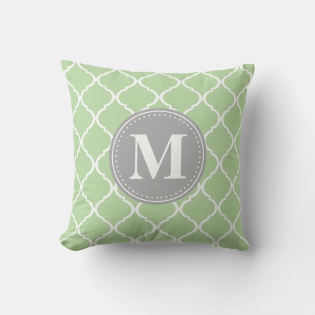 Mint Green Moroccan Lattice Grey Monogram Kussen (Voorkant)