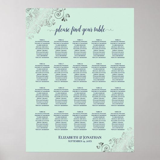 Mint Green & Navy 20 Table Wedding Seating Chart Poster (Voorkant)