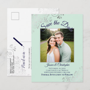 Mint Green & Navy Blue Bruiloft Bewaar de datum Fo Aankondigingskaart