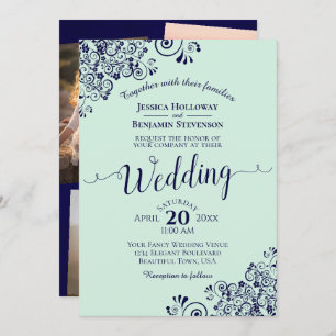 Mint Green & Navy Blue Lace Photo Collage Wedding Kaart