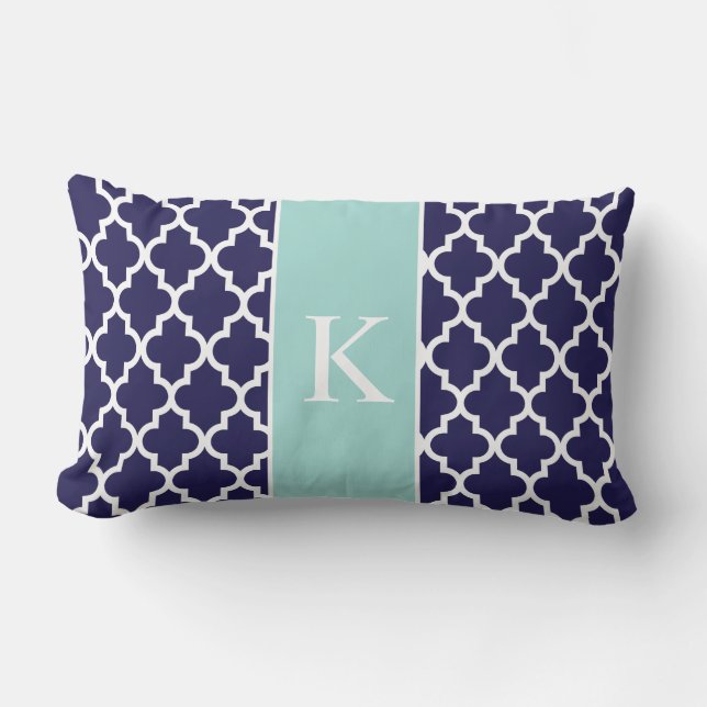 Mint Green Navy Blue Moroccan Custom Monogram Kussen (Voorkant)