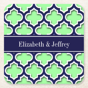 Mint Green, Navy Moroccan #5DS Navy Name Monogram Vierkante Kartonnen Onderzetter