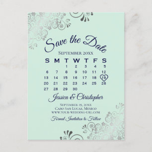 Mint Green & Navy Wedding Save the Date Calendar Aankondigingskaart